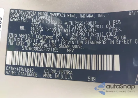 2012 Toyota Sienna Xle V6 8 Passenger z USA, uszkodzony, nr VIN 5TDYK3DC9CS221195